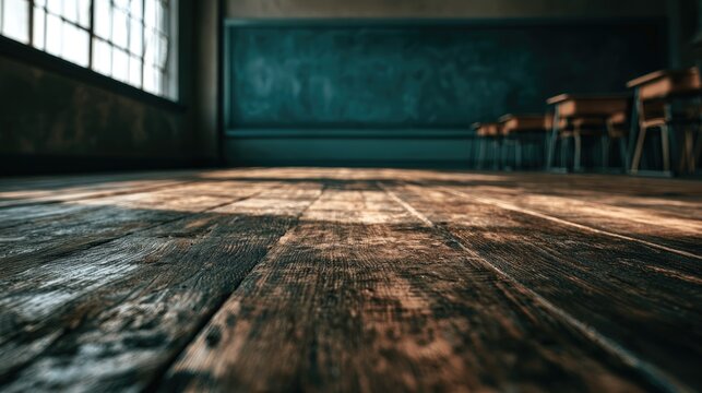 Sunlight streams onto an empty, old wooden classroom floor