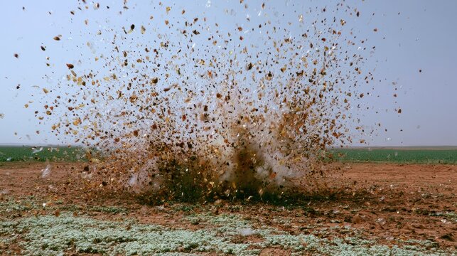 Mid-air explosion of dirt and debris against a clear sky