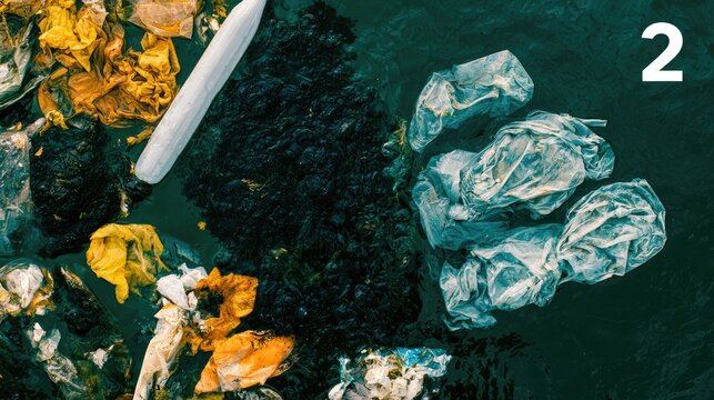 A close-up view of various plastic trash items floating on dark water
