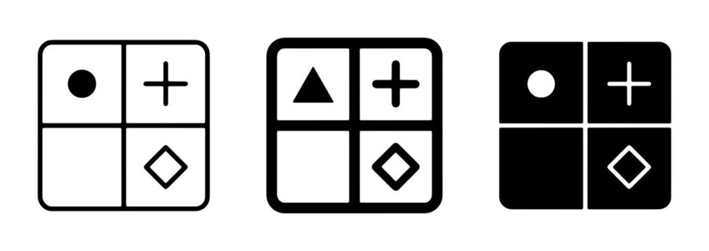 Geometric Shapes Icons Set, Simple Symbols Collection, Basic Forms Vector Graphics, Minimalist Design Elements, Square Grid Layout, Black and White Icons