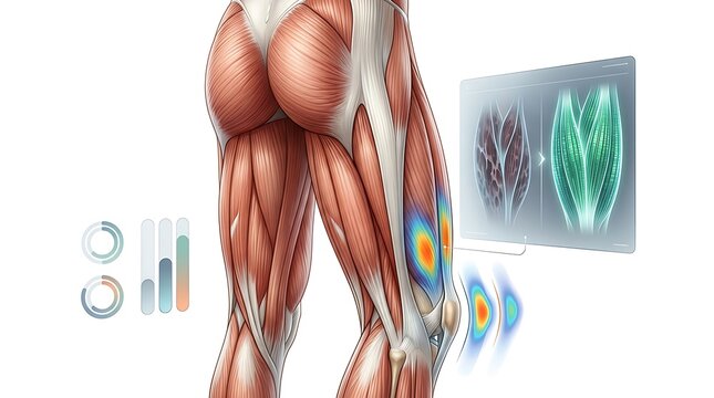 Leg muscle anatomy and knee joint pain analysis with data charts