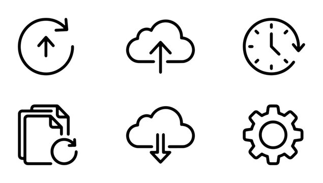 Cloud Upload Download Icons, Data Sync and Gear Settings Vector Symbols, Technology and Storage Line Art Collection