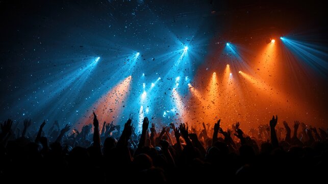Crowd with hands raised under dramatic blue and orange stage lights