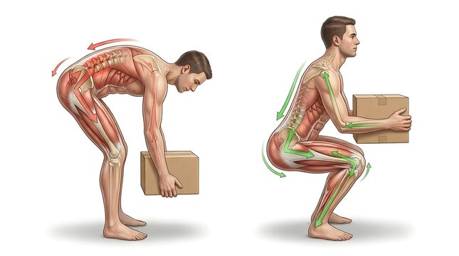 Correct and incorrect lifting techniques for back safety comparison