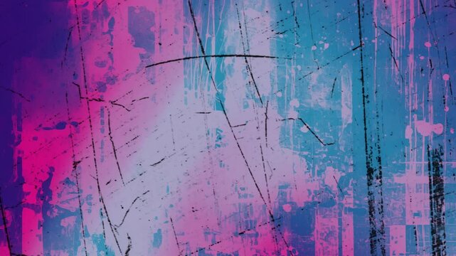 Abstract dynamic color background with grunge texture with scratches and digital noise, bright purple-pink. The texture of the loop for the video.