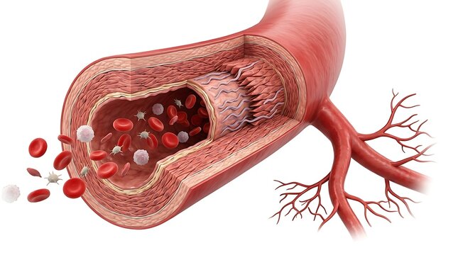 Detailed cross section of human artery with flowing blood cells