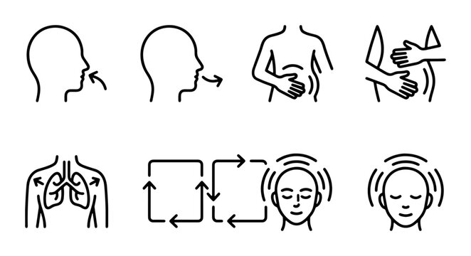 Breathing Exercises Icons, Respiratory Health Symbols, Meditation and Mindfulness Graphics, Calmness and Well-being Vector Set
