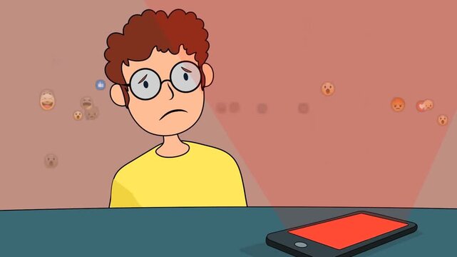 2d animated Boy watching phone screen with a sad and worried face expression. Young kid cartoon character looking at mobile device in dark room interior light setup concept cartoon animation loop.