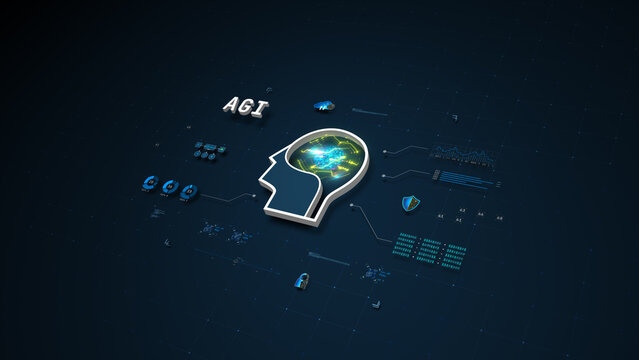 Futuristic AGI digital brain and automation concept with HUD data interface, vector illustration.