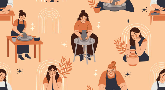 Beautiful seamless pattern showing various women artisans carefully molding and shaping clay pots on their pottery wheels.