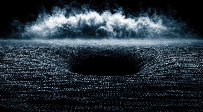 Dark vortex of binary code consumes a digital landscape under stormy skies