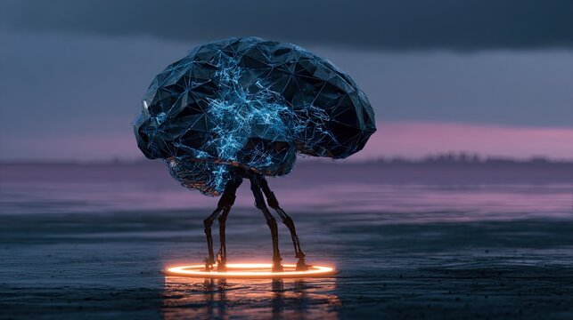 Crystalline, bioluminescent brain-like entity stands on a glowing portal