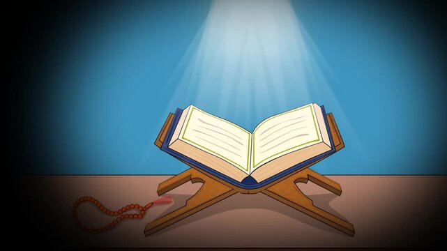 2d animated Quran wooden stand rehal with open book holy text light. Traditional islamic religious literature reading setup for ramadan faith devotion cartoon animation loop video asset backdrop