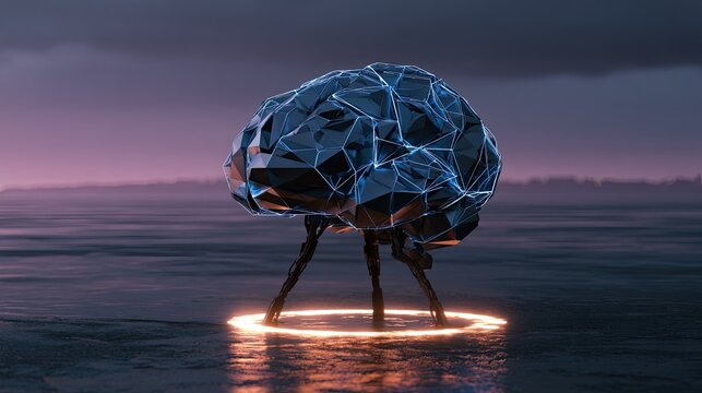 Futuristic metallic brain on tripod, glowing circuits, ominous sky