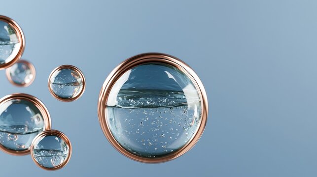 Copper-rimmed spheres filled with clear liquid and tiny bubbles