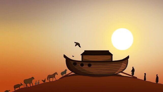 2d animated Noah Ark sunset landscape with animals marching to the ship vessel. Historical biblical religious bible story cartoon animation loop video asset. Beautiful orange horizon silhouette