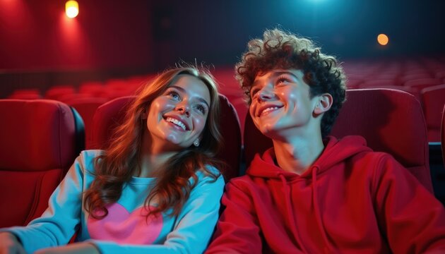 Teenage couple watches movie in cinema. Young boy and girl sit together in red seats, looking up with smiles. Romantic first date experience at movie theater hall.