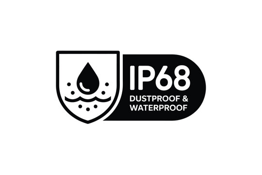 ip68 dustproof waterproof logo black white shield drop text icon