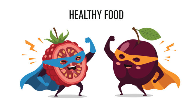 Powerful cartoon raspberry and plum characters dressed as superheroes with colorful capes and masks under the healthy food title.