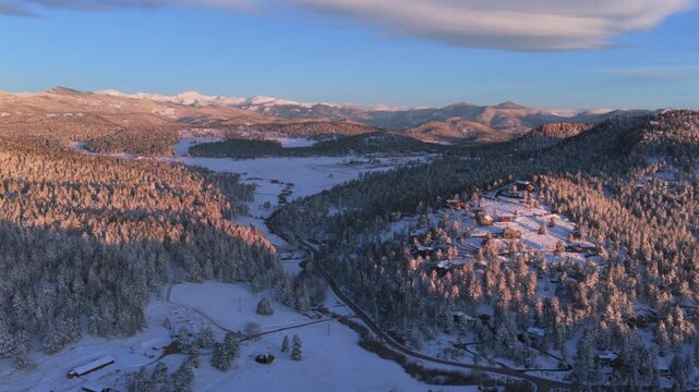Mount Blue Sky Mt Evans wilderness landscape Evergreen Colorado aerial drone Conifer Evergreen Meadows Marshdale Park morning sunrise spring winter fresh snow Front Range Rocky Mountains right motion