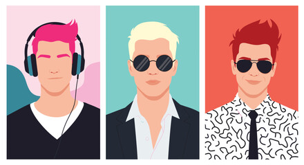 Obraz premium Group of three stylish male portrait avatars featuring different hairstyles, trendy sunglasses, and modern accessories.