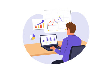 Fototapeta premium Illustration of Analyst Working on Financial Business Data Graphs. Rear view of a male business analyst using a laptop to monitor corporate performance statistics, trend lines, and data charts at a de