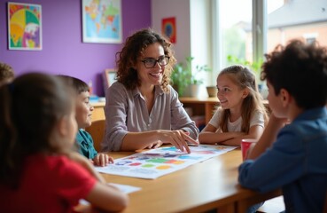 Obraz premium Teacher interacts with young students around table, pointing at colorful learning chart. Children listen attentively in classroom. Education, engagement, and early learning are key themes.