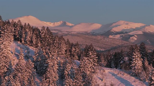 Mount Blue Sky spring pink morning sunrise alpenglow Conifer Evergreen Colorado aerial drone Denver Front Range Rocky Mountains Mt Evans landscape snowy forest trees valley rolling hills circle right