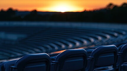 Fototapeta premium Empty stadium seating curves toward a vibrant, hazy sunset glow