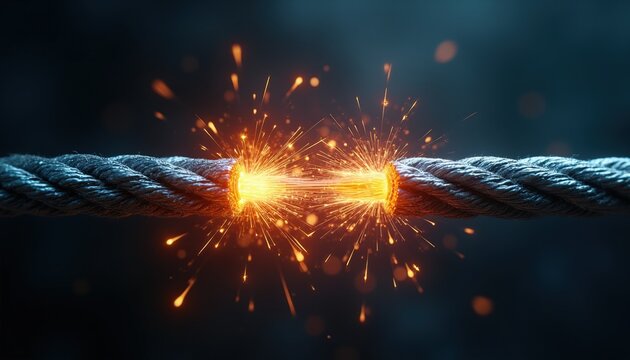 Two electrical wires touch creating bright sparks and light. Energy transfer happens between connected cables with glowing effect. Power surge illustration with circuit overload.