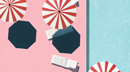 Naklejka premium Above view of a pool with umbrellas and lounge chairs on pink and blue surfaces