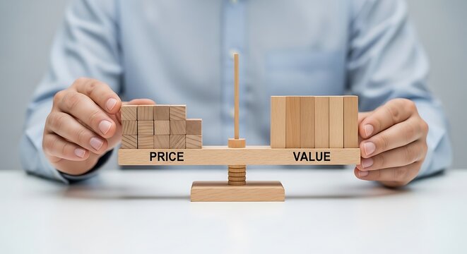 Businessman balancing wooden blocks on a scale representing price and value concept for strategic business decision making and financial investment