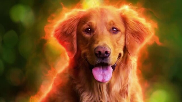 Golden retriever portrait with animated orange energy glow surrounding head and fur in slow motion footage capturing canine animal with happy expression for creative video projects.