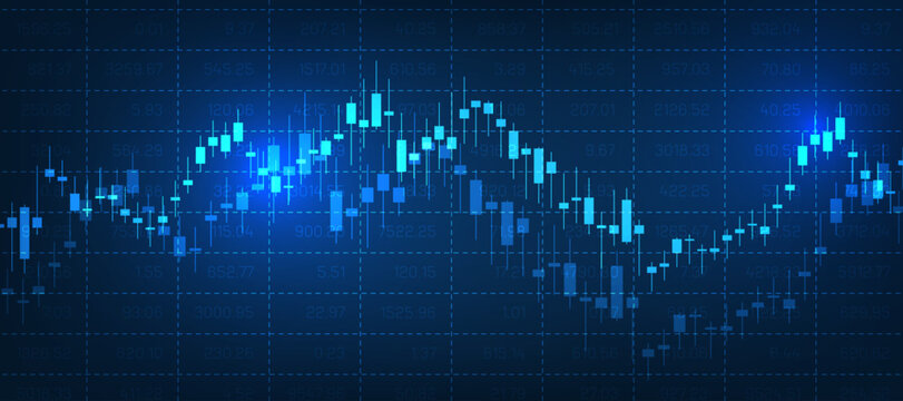 Stock market trading graph candlestick chart on blue background financial investment concept.