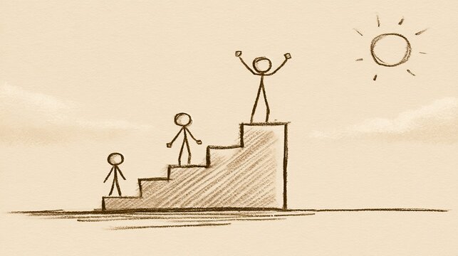 Stick figures ascend steps toward success under a bright sun
