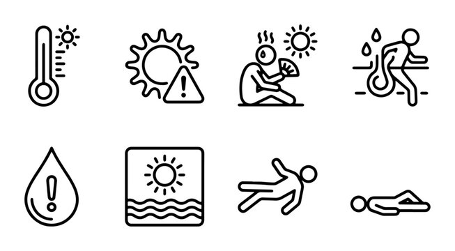 Heatwave Icons Set: Thermometer, Sun Warning, Overheated Person, Sweating Runner, Water Drop Alert, Hot Landscape, Heatstroke Victims, Vector Graphics