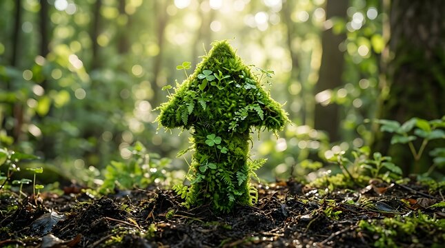Green arrow made of moss and plants growing from soil in a sunlit forest background