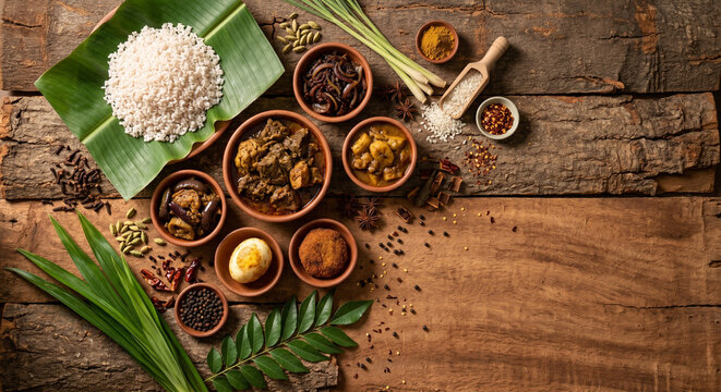 Flat lay of Lamprais ingredients on cinnamon bark, copy space