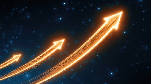 Glowing orange arrows ascend against a starry, digital network background