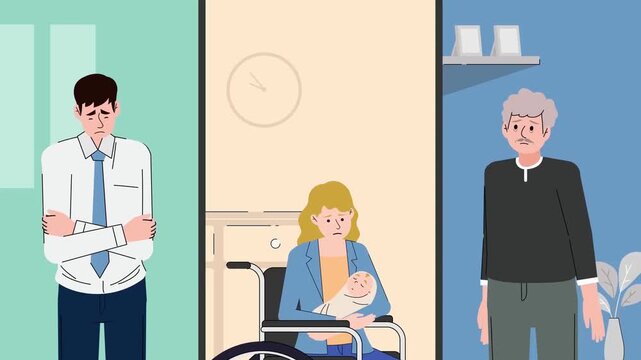 2D animation of a family with a working man, a mother holding a baby, and an elderly senior grandfather indoor