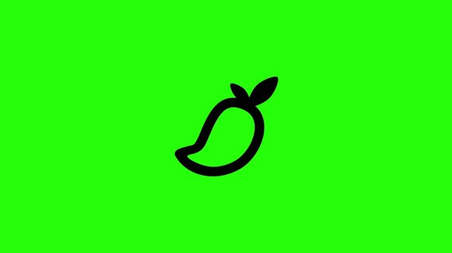 Dynamic 4K resolution asset showing a sleek ripe mango fruit silhouette with a top leaf stem bouncing. Playful popup transition element for juice bar menu.