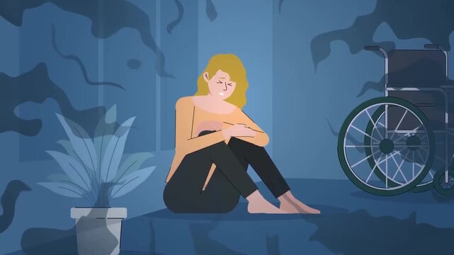 Depressed disabled woman sitting on the floor crying and feeling lonely with a wheelchair in the dark background 2D animation