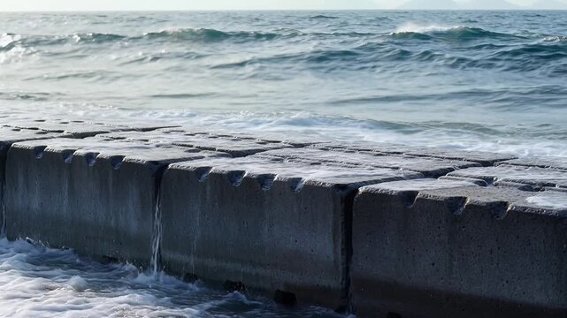 Powerful Ocean Wave Crashing Against Concrete Breakwater Structure