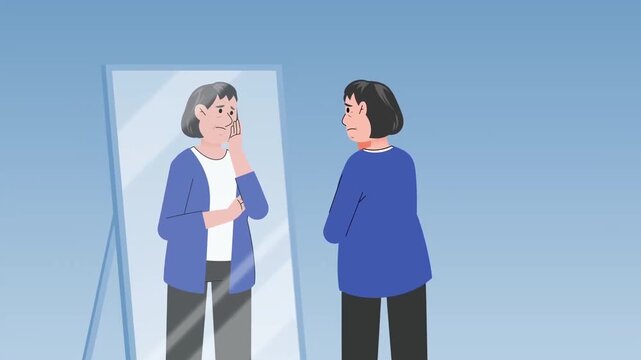 2D animation of a woman standing in front of a mirror looking at her reflection thinking and self-reflecting concept