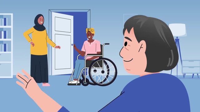 2D animated caregiver woman waving goodbye to an elderly friend or patient leaving in a wheelchair with assistance