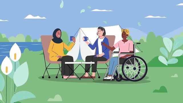 2D animation of a diverse group of friends including a wheelchair user drinking coffee and camping outdoors in the park