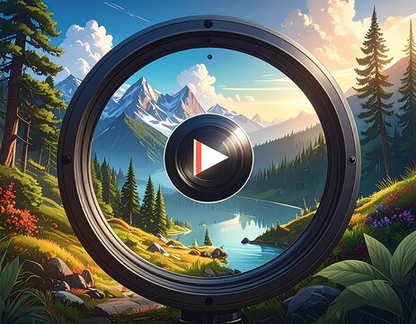 A scenic vista framed by a dark ring, with a play button icon overlaying the landscape of mountains and water