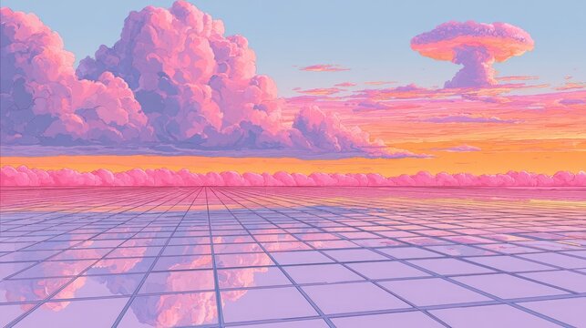Pixelated sunset over checkered water with pink clouds and mushroom cloud