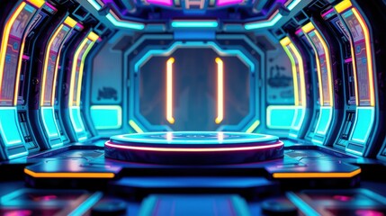 Fototapeta premium Futuristic interior. Circular platform glows brightly. Neon lights illuminate sleek walls, creating dramatic space. Dark background emphasizes vibrant colors.
