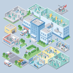 Fototapeta premium Isometric view of a medical center with patients and medical staff inside